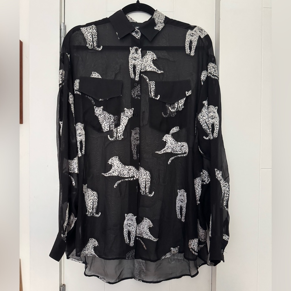 The kooples Black Sheer Blouse with White Leopard Print